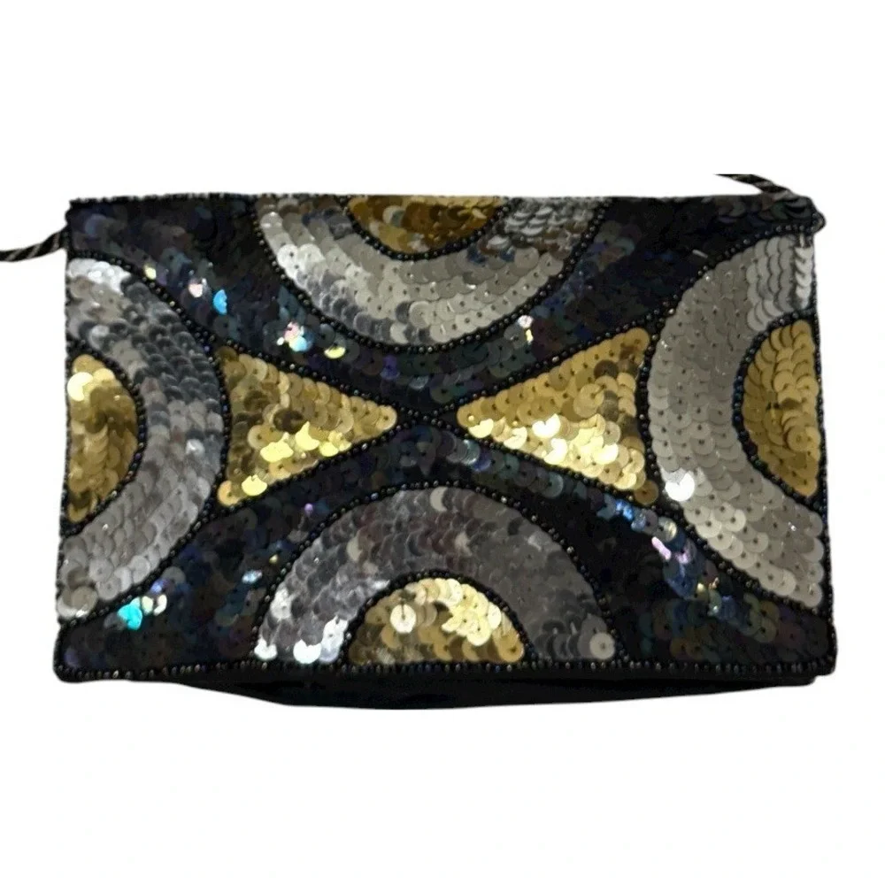 Vintage Sequin Geometric Evening Bag – Metallic‎ Arcs & Rope Strap